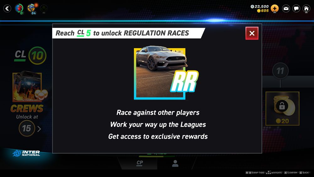 Feature unlock pop-up in its locked state, headed Reach CL 5 to unlock Regulation Races, with the feature art in colour and no action button