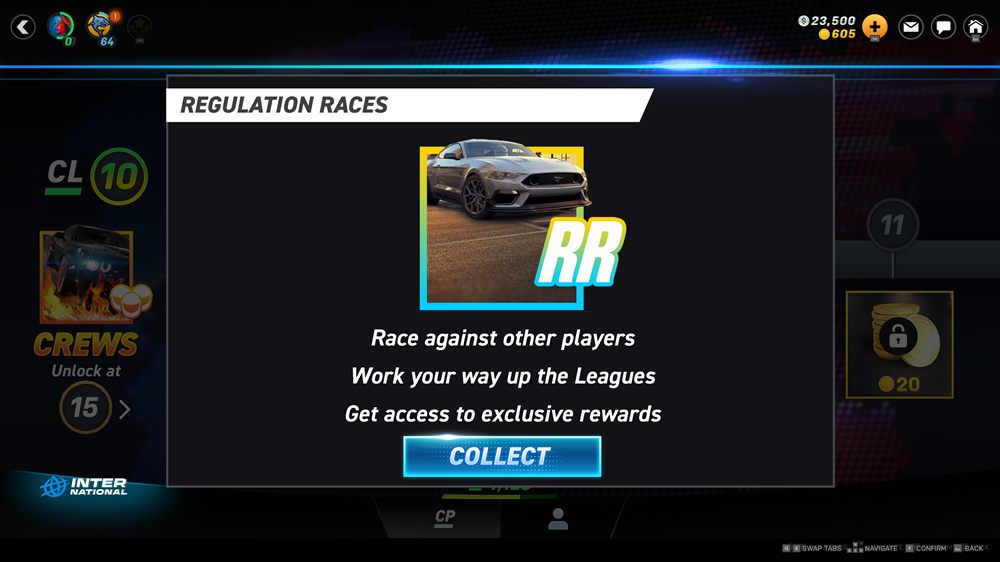 Feature unlock pop-up in its unlocked state, headed Regulation Races, with the feature art in colour and a Collect button