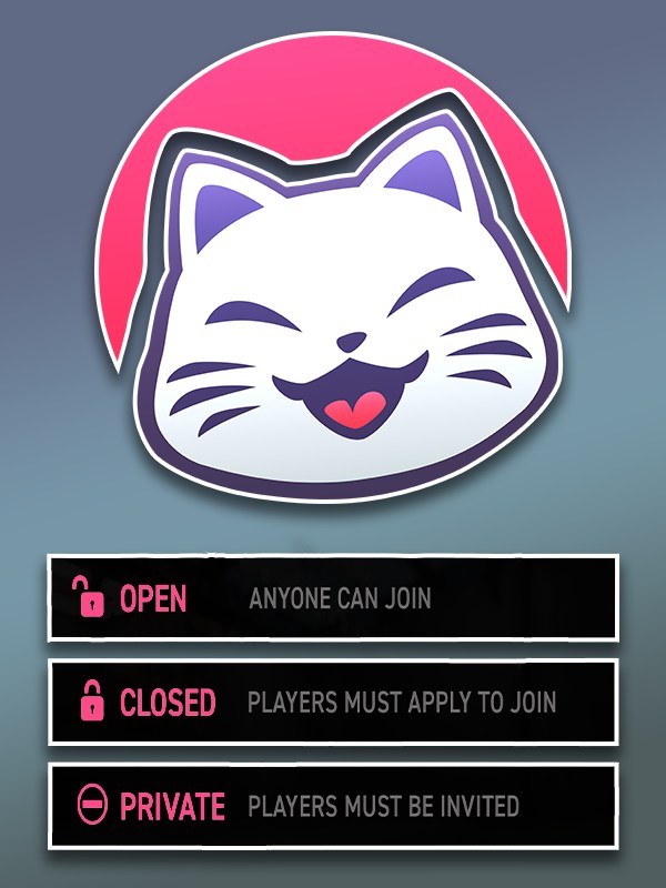 Crew thumbnail: a cat crew emblem above the open, closed and private crew settings