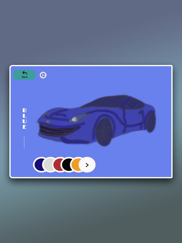 UI art test thumbnail: a car customisation screen with a colour selector